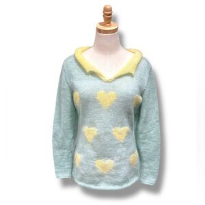 Vintage Retro Handknit Mohair Heart Pattern Sweater Buttercup Yellow Mint Green